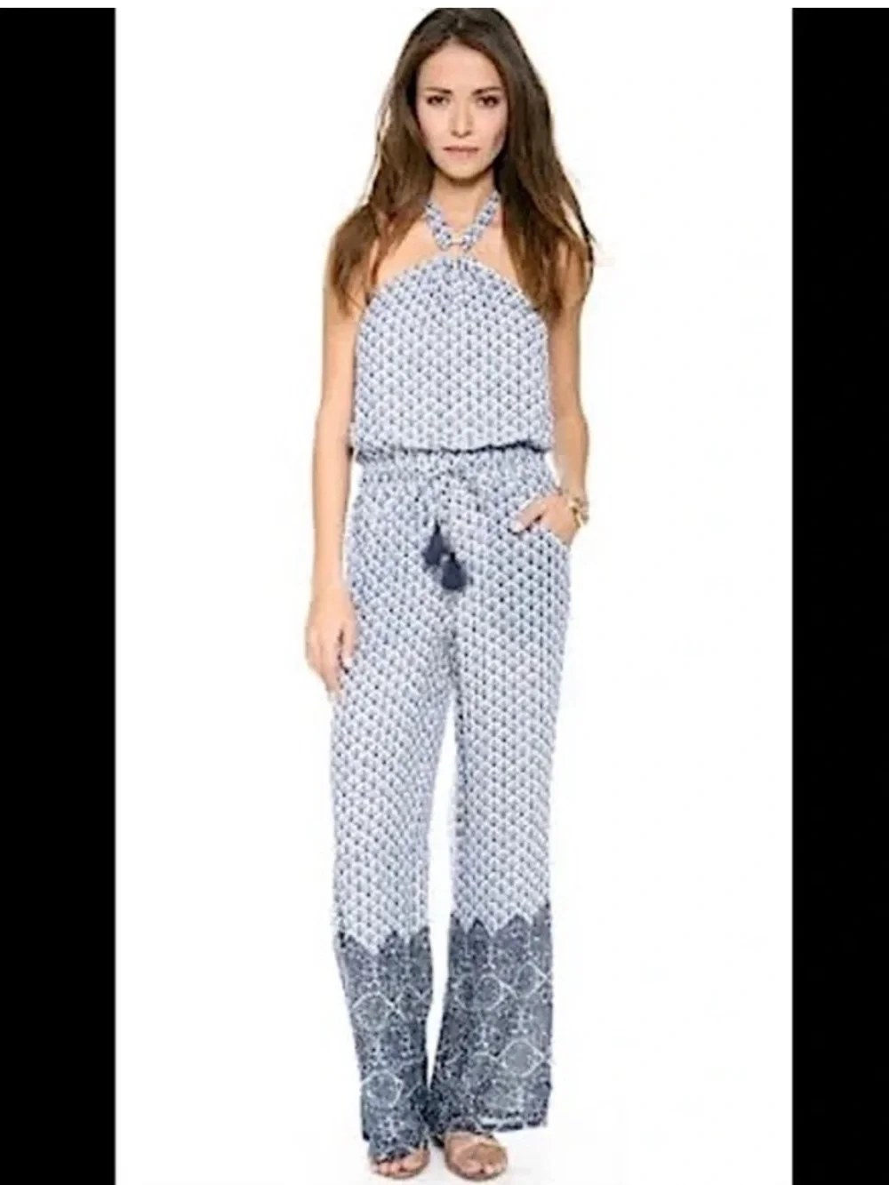 Tory Burch Silk Baja Blue Printed Halter Tassel Jumpsuit
